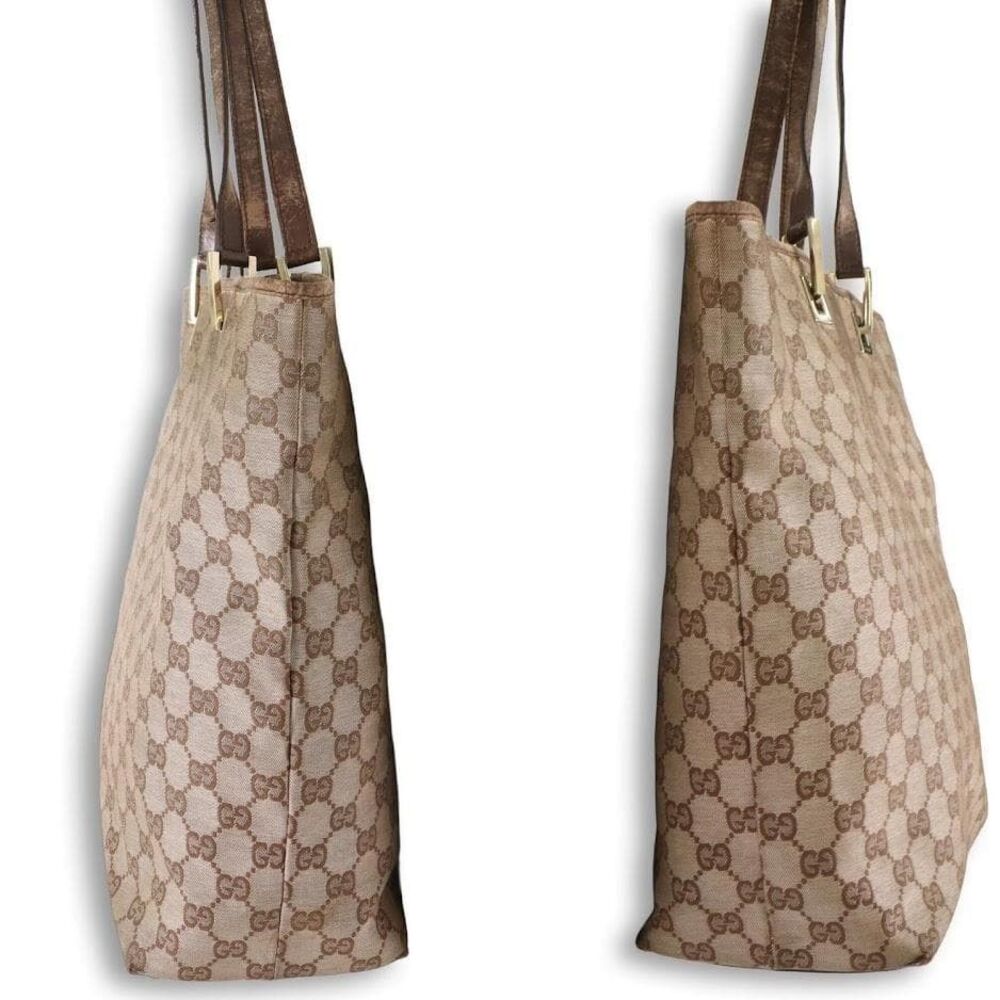 Gucci GG Canvas Tote Bag Beige Leather Handbag Travel Laptop - Picture 4 of 10